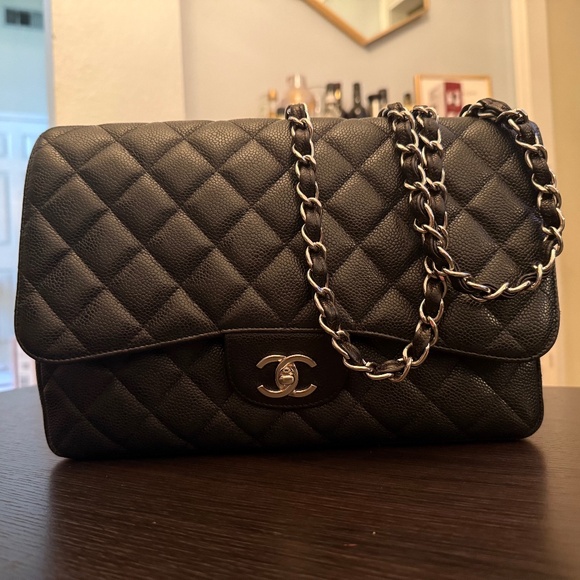 CHANEL Jumbo Single Flap Bag – Black Caviar Leather Quilted with Silver Hardware - Picture 1 of 8